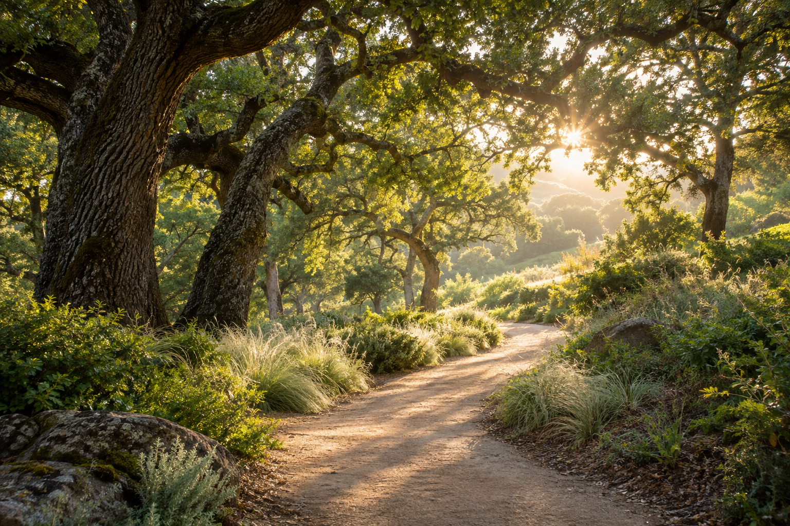 Morning light falling across a peaceful path through California oak trees